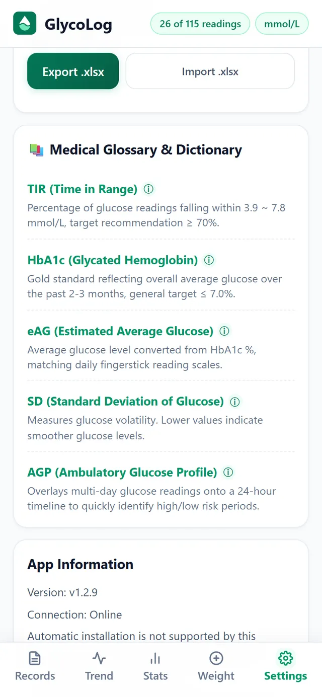 Settings screen: export and import .xlsx, and a glossary of medical terms