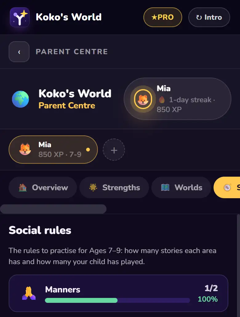The parent area: progress in each social-rule area for the child's age band, such as manners, honesty and school rules