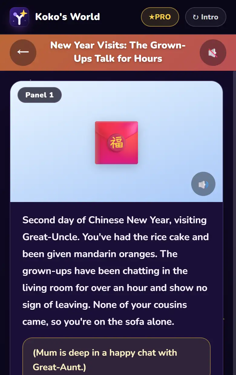 A story in progress: a Chinese New Year visit where the child decides what to do while the grown-ups chat
